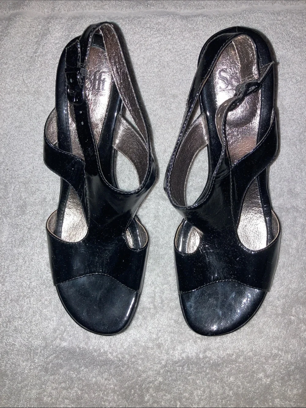 Sofft Black Patent Open-Toe Slingback Wedge Heels